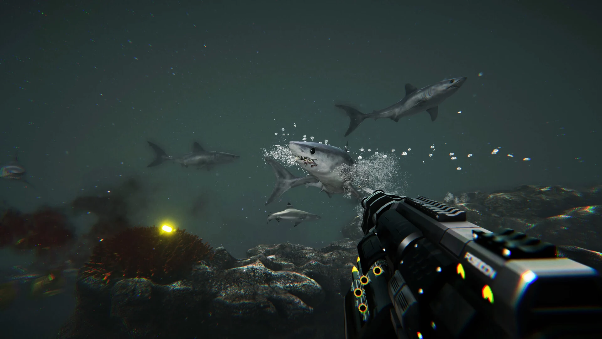 Fighting approaching sharks with an underwater weapon