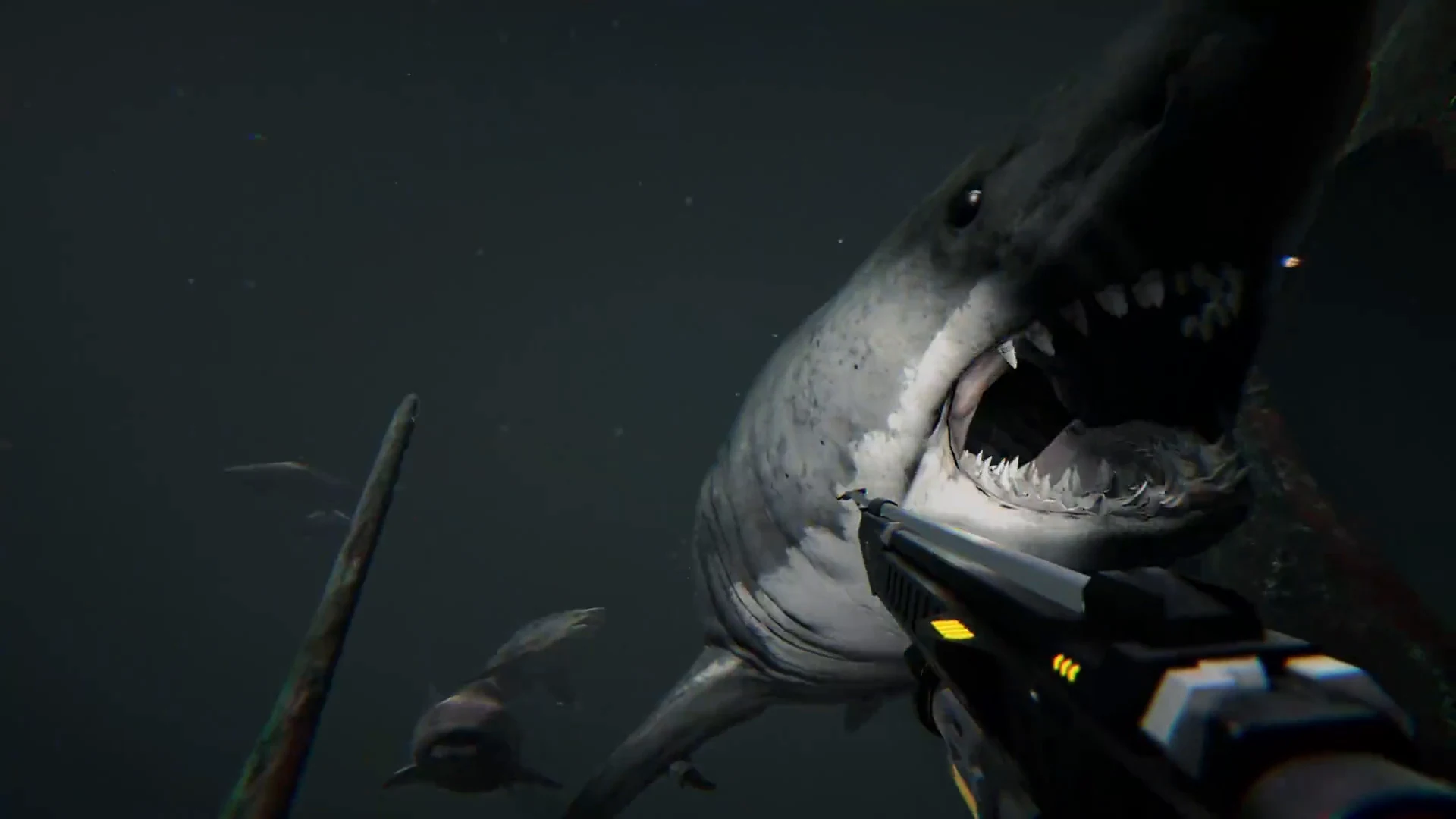 A shark lunges from the dark water toward the player in Death in the Water 2