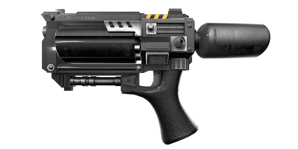 Side view of the Manta Ray explosive-dart handgun.